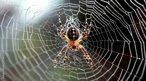 European garden spider diligently spinning a intricate, beaded web, creating symmetrical concentric circles in soft focus backdrop