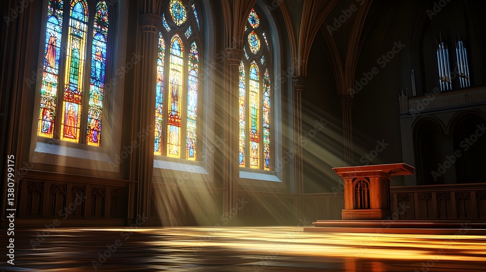 Obraz premium A podium in a large, empty church with stained glass windows casting colored light