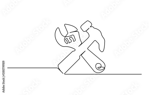 Adjustable wrench and hammer continuous one line drawing vector illustration.