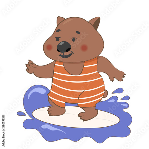 Cute wombat on surf board illustration, cartoon clipart character, animal in flat style. Vector design isolated on white background for print, pattern, greeting card