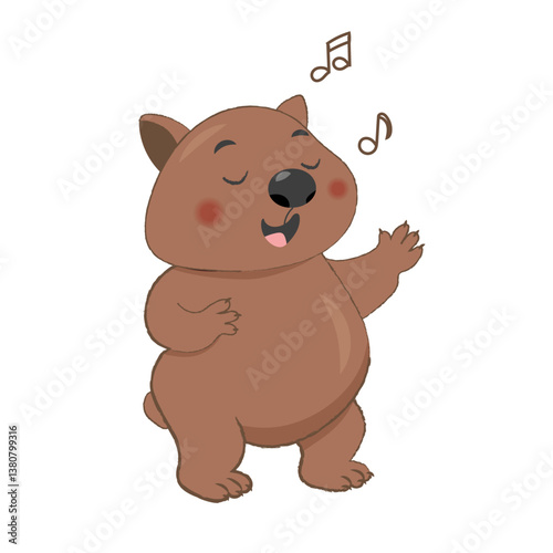Cute wombat sing song illustration, cartoon clipart character, animal in flat style. Vector design isolated on white background for print, pattern, greeting card