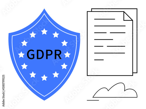 Blue shield labeled GDPR with stars, legal document and cloud. Ideal for data privacy, security, compliance, regulation, protection, transparency storage. Flat simple metaphor