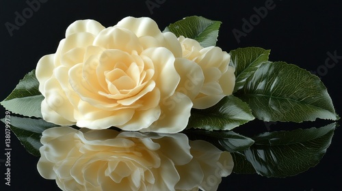 Cream Rose with Reflection on Black Background photo