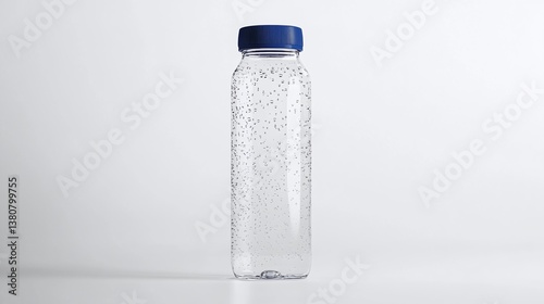 Transparent Plastic Bottle with Blue Cap on White Background