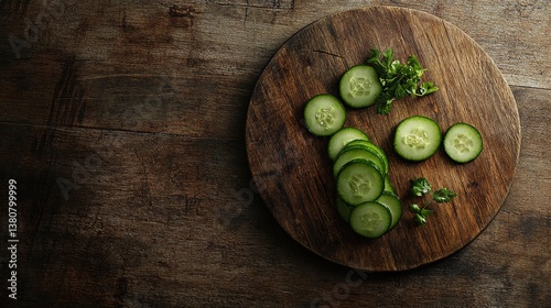 Fresh Cucumber Slices on Rustic Wooden Cutting Board