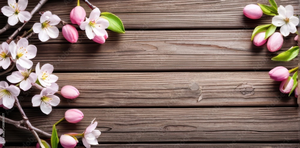 Delicate Pink and White Blossoms on Rustic Brown Wood Delicate Pink and White Blossoms on Rustic Brown Wood