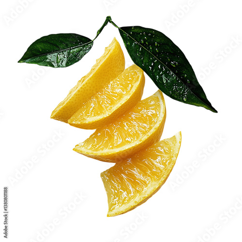  Stacked Lemon Slices with Green Leaves on White Background