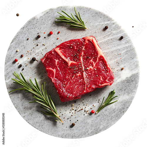 Freshly Seasoned Raw Steak with Rosemary on Rustic Surface