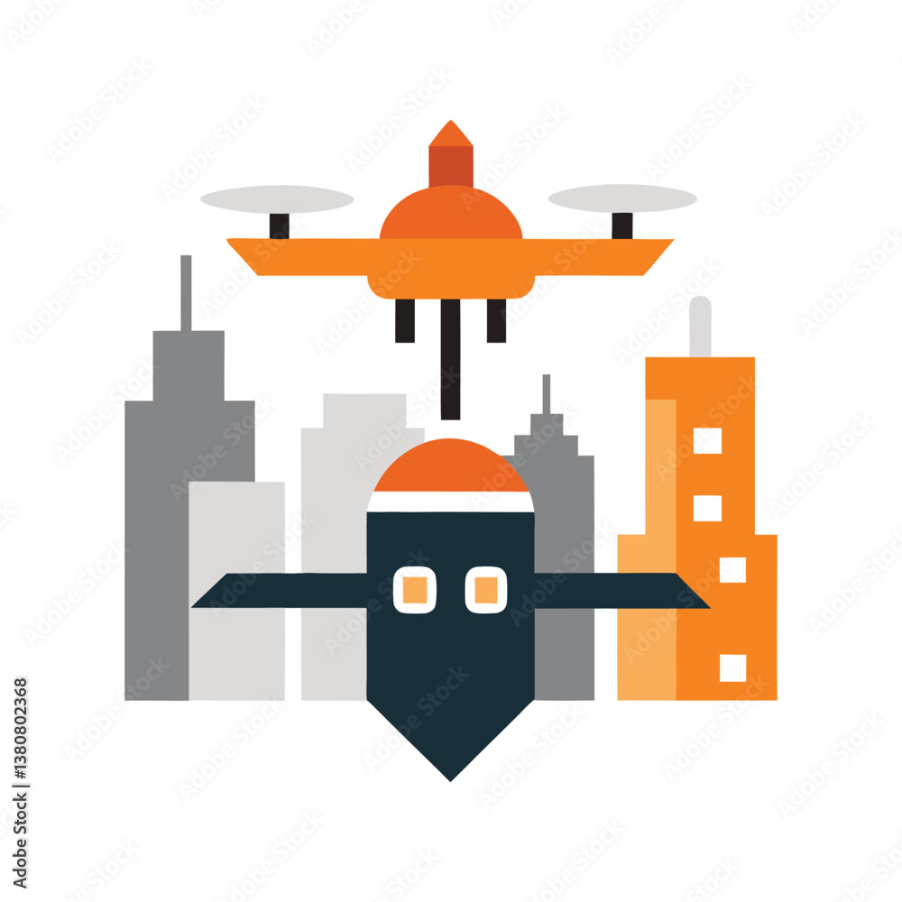 Fototapeta premium Colorful Vector Scene of a Drone Flying Over a Smart City
