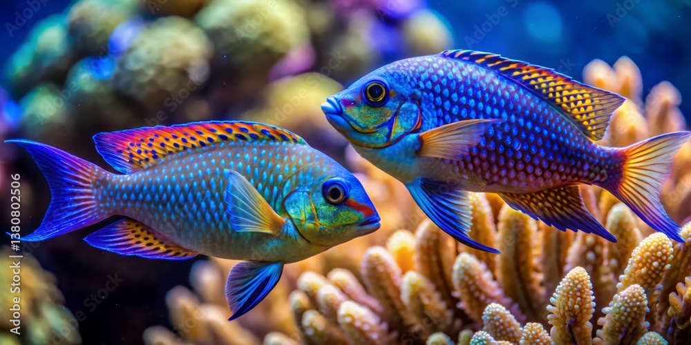 Fototapeta premium Colorful Tropical Fish Swimming Among Vibrant Coral Reef Landscape