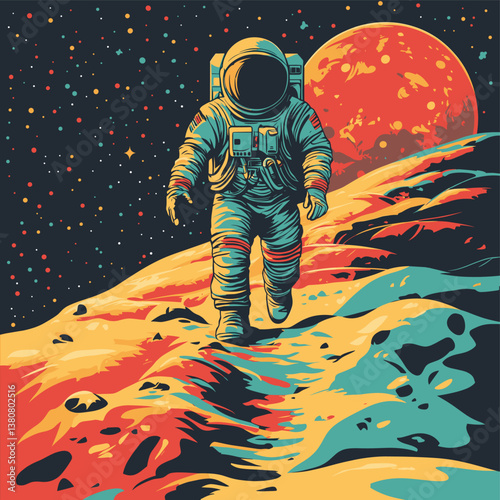 Astronaut Walking on the Moon with Vibrant Orange Planet in the Background