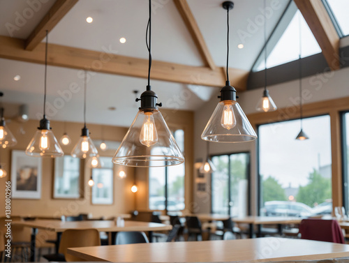 A modern restaurant interior with wooden beams and glass pendant lights