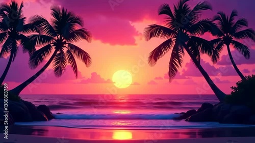 Tranquil Tropical Sunset A Calming Escape to Paradise with Soothing Ocean Waves and Swaying Palms