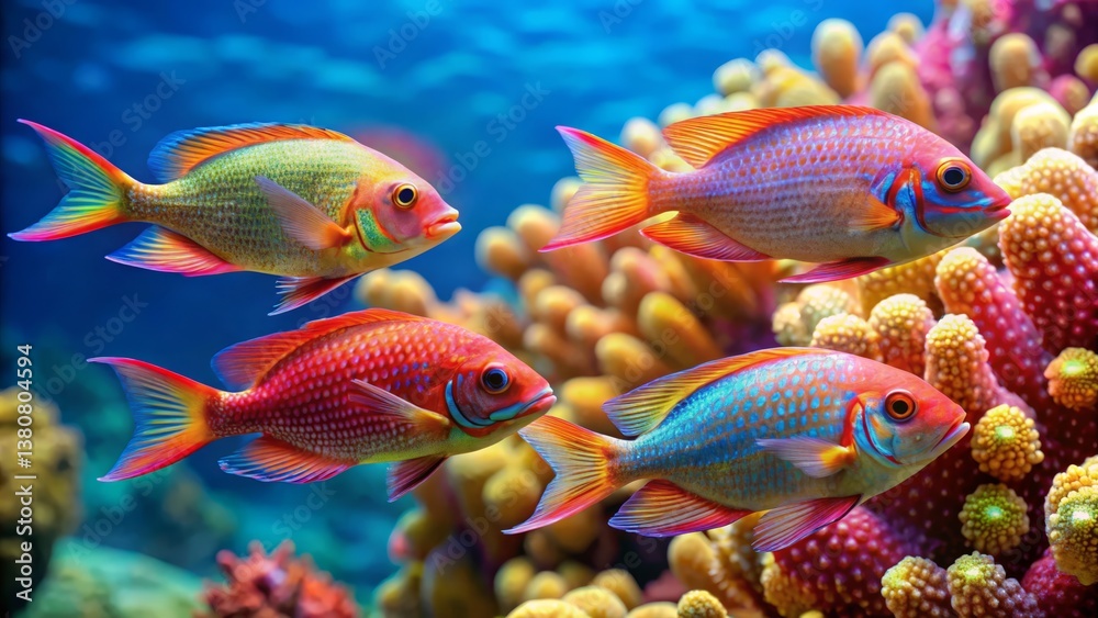Fototapeta premium Colorful Tropical Fish Swimming Among Vibrant Coral Reef Landscape