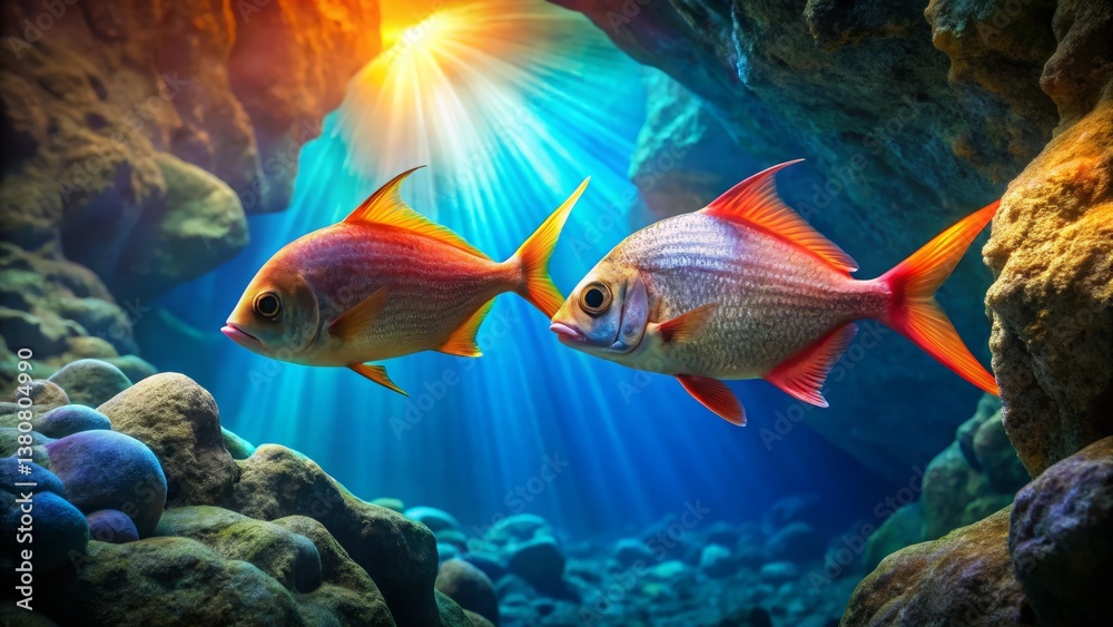 Fototapeta premium Colorful Fish Swimming in Underwater Cave with Sunlight Rays