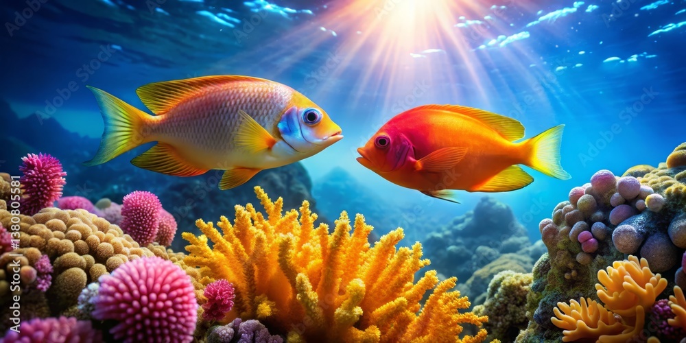 Obraz premium Colorful Fish Interacting in Vibrant Coral Reef Underwater Scene