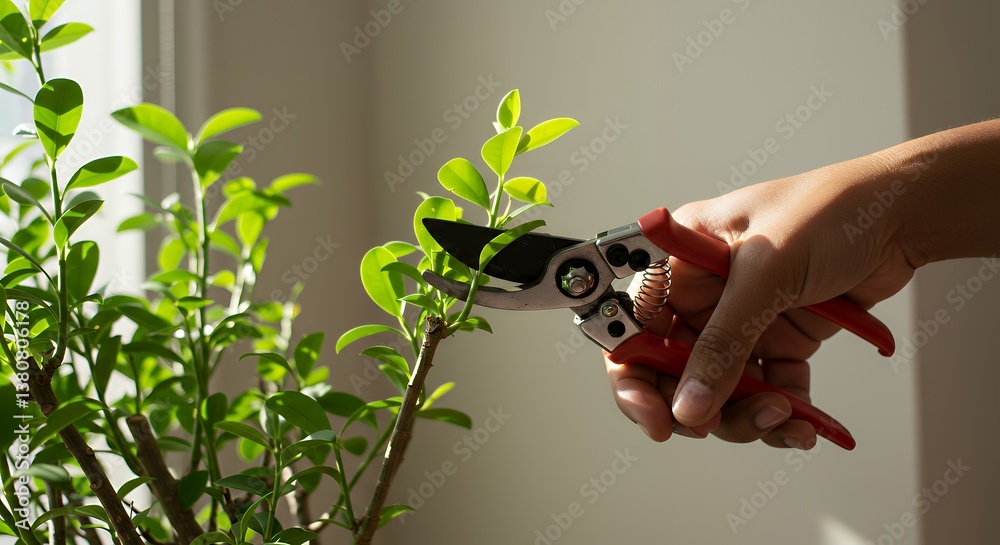 Φωτογραφία Close up of hand pruning a plant with red handled shears in natural light