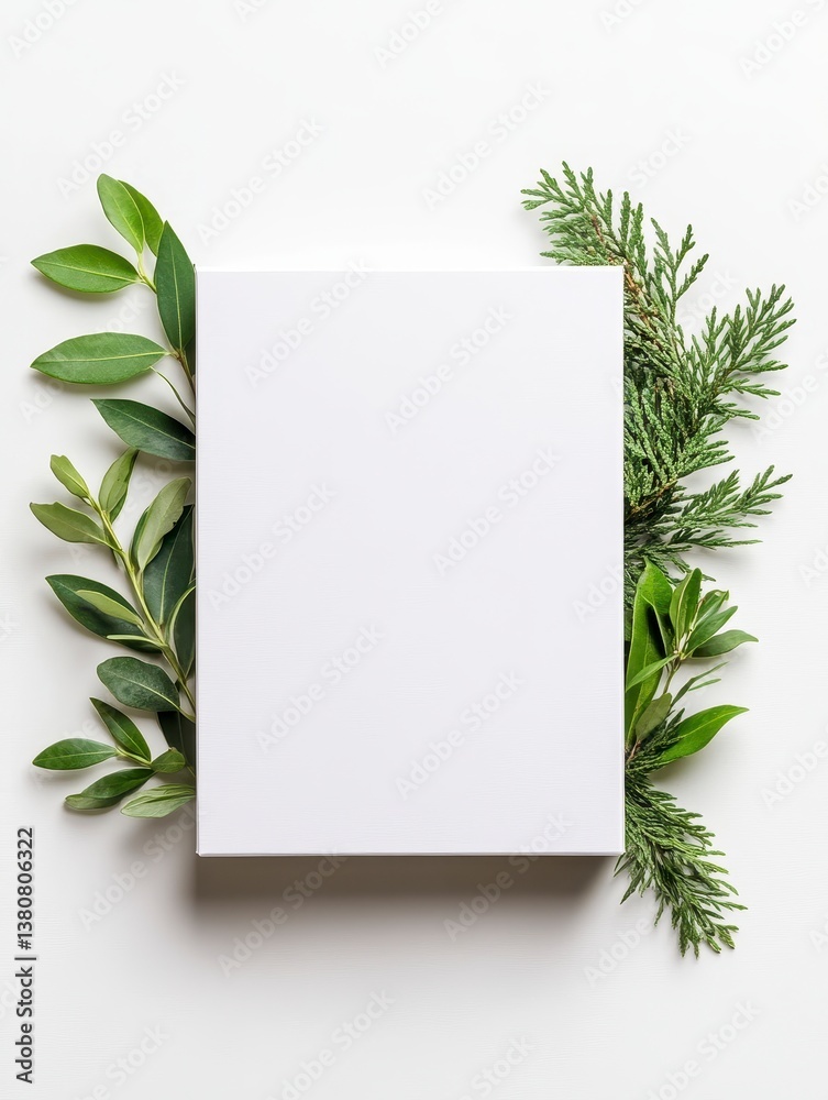 Blank white card framed by lush green leaves and branches on white background. Flat lay, top view. Blank white card framed by lush green leaves and branches on white background. Flat lay, top view.