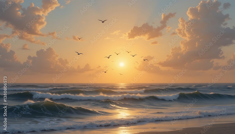 Fototapeta premium Ocean Waves at Sunset with Birds Flying Above the Horizon