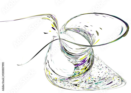 Strokes and splashes in different directions of multi-colored paint on a white background. Multi-colored dust particles and debris, paint splashes, strokes are carried away by the wind