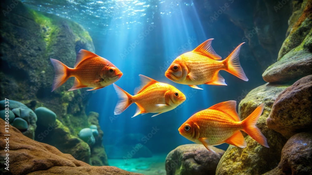 Underwater Scene with Colorful Fish Swimming under Soft Rays Underwater Scene with Colorful Fish Swimming under Soft Rays