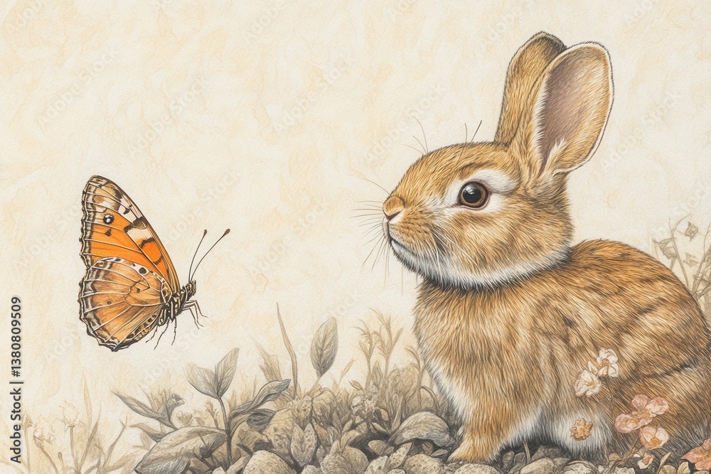 Fototapeta premium Adorable Rabbit Gazing at Colorful Butterfly in Natural Setting