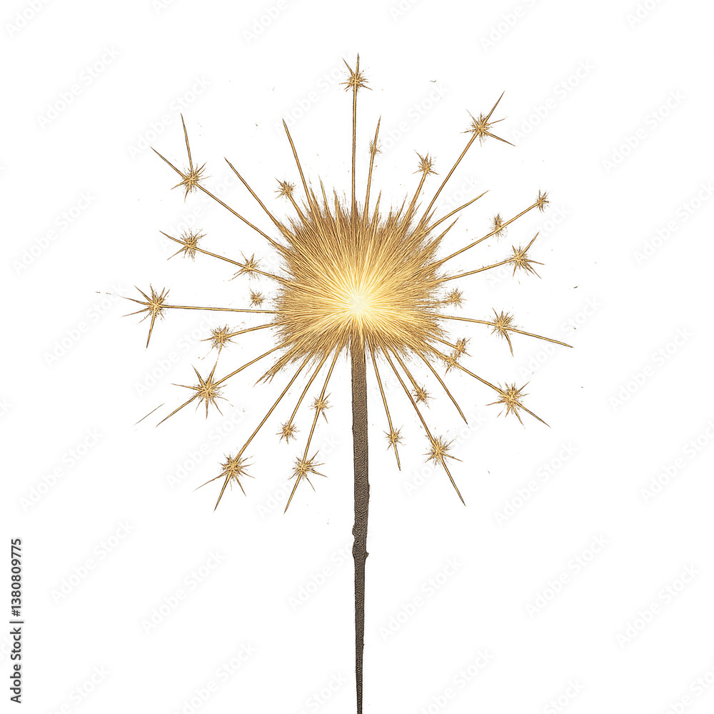 A sparkler is lit up with a yellow flame. The sparkler is surrounded by many small yellow stars. Isolated on transparent background A sparkler is lit up with a yellow flame. The sparkler is surrounded by many small yellow stars. Isolated on transparent background