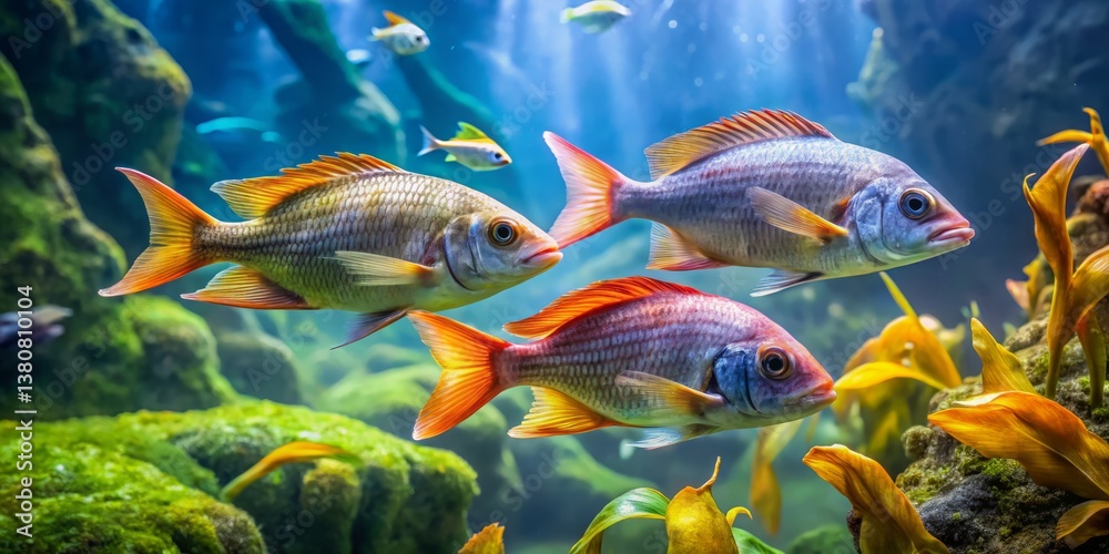 Naklejka premium Colorful Tropical Fish Swimming in Lush Underwater Environment