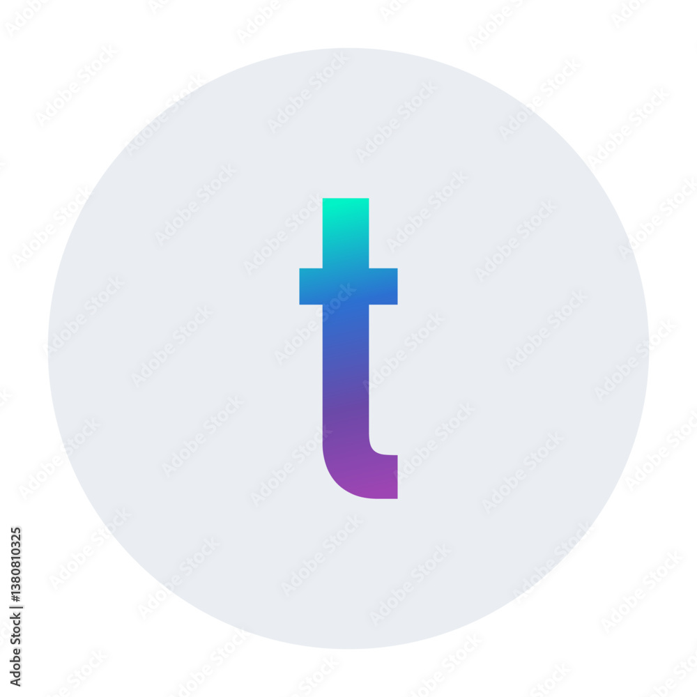 Obraz premium A stylish lowercase “t” with a vibrant gradient color effect, set against a soft white circle. Ideal for creative design projects, branding, or digital art.
