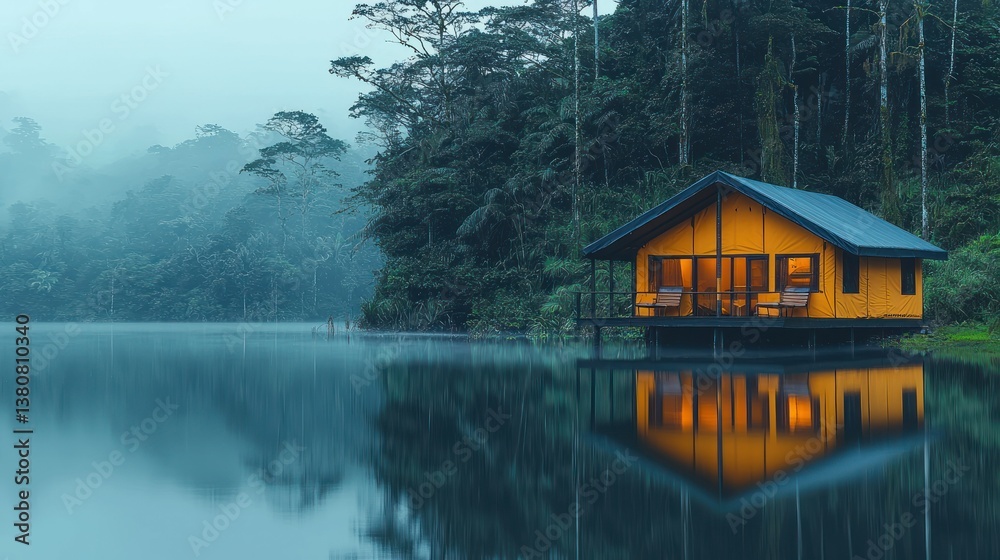 Fototapeta premium Serene Lakeside Cabin Retreat: Misty Morning in Lush Forest