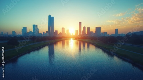 Wallpaper Mural Cityscape Sunrise Reflection: A Serene Urban Dawn Torontodigital.ca