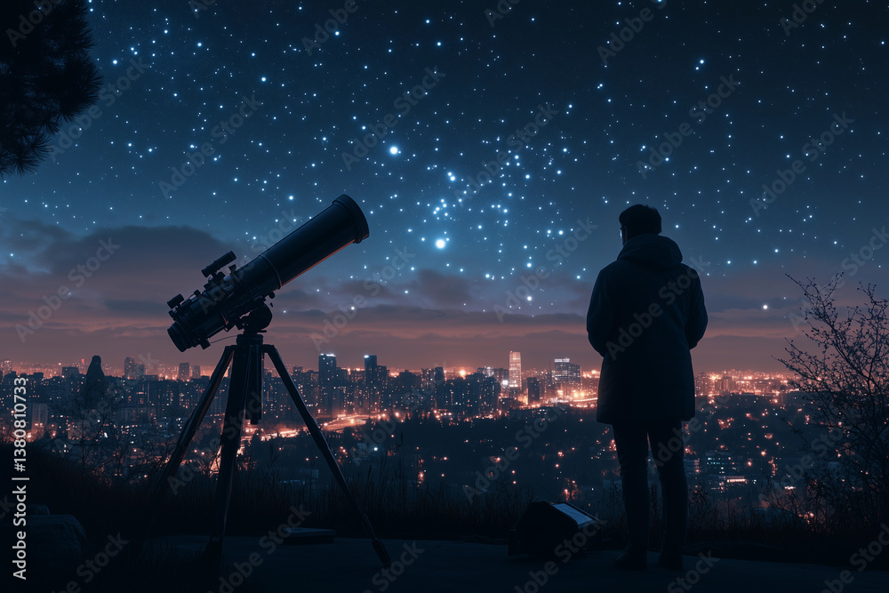 Fototapeta premium a man looking at the stars with a telescope on a tripod in front of him, with a city skyline in the background