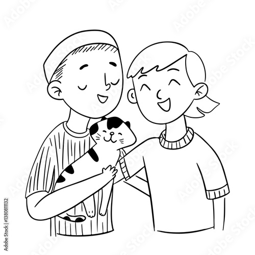 Two very close friends. Friendship in jung age between girl and boy. Outline sketch style 