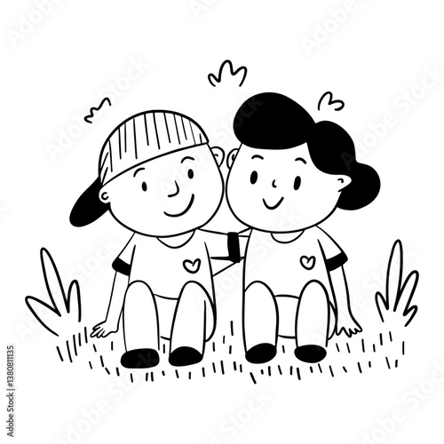 Two very close friends. Friendship in jung age between girl and boy. Outline sketch style 