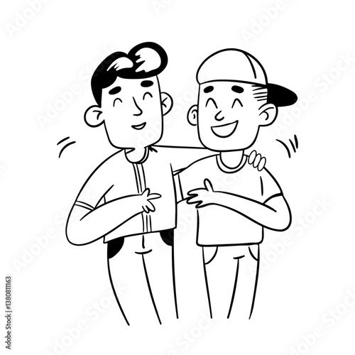 Two very close friends. Friendship in jung age between boys. Outline sketch style 