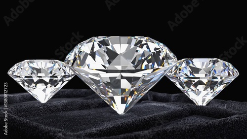 A group of three diamonds sit atop a dark-colored cloth, offering a sleek and modern display photo