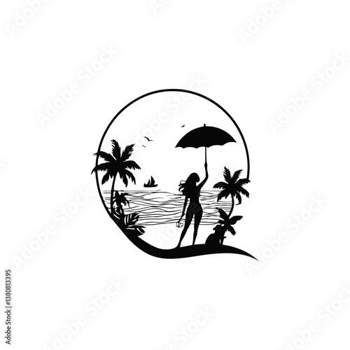 A black and white vector silhouette of flip-flops and a beach ball, evoking carefree summer vibes on a white background