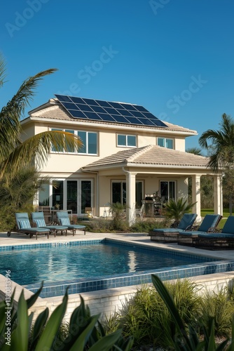 Two-story mansion with solar panels on the roof, pool, and palm trees, Florida, USA