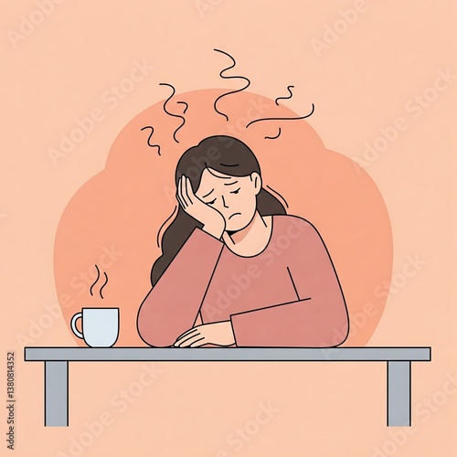 Stressed Woman at Table Vector Illustration, Burnout Concept