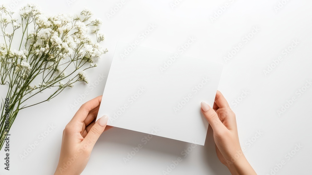 Obraz premium Woman's hands holding blank white card, white flowers on white background. Minimalist, elegant, clean design.