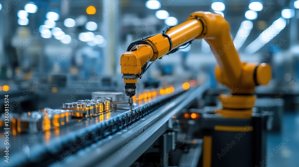 Orange Robotic Arm on Assembly Line in Modern Factory Orange Robotic Arm on Assembly Line in Modern Factory