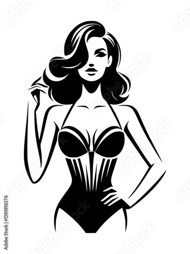A black and white vector illustration of a stylish woman wearing a swimsuit.