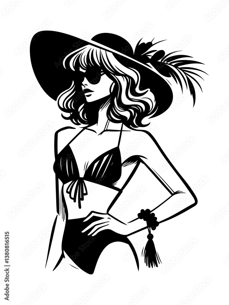 A black and white vector illustration of a stylish woman wearing a swimsuit. and a hat. A black and white vector illustration of a stylish woman wearing a swimsuit. and a hat.