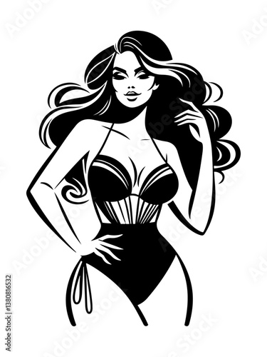 A black and white vector illustration of a stylish woman wearing a swimsuit.