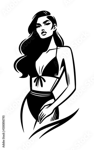 Elegant glamorous woman in bikini - black and white vector illustration.