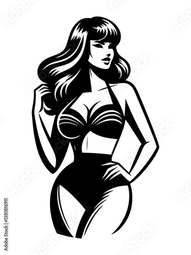 A black and white vector illustration of a stylish woman wearing a swimsuit.
