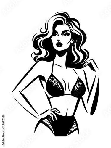 Elegant glamorous woman in bikini - black and white vector illustration.