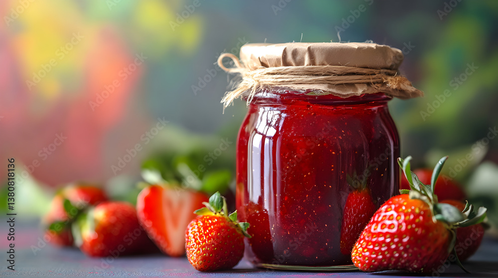 Φωτογραφία un tarro con mermelada de fresa organica y recien hecha con fresas frescas alred