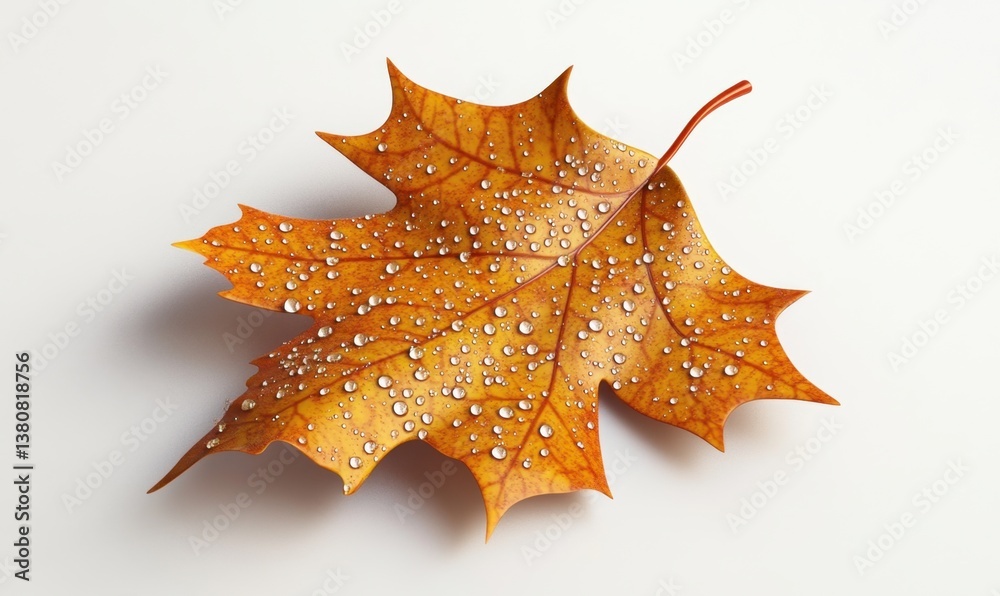 Naklejka premium Golden maple leaf with water drops on white background, autumn theme
