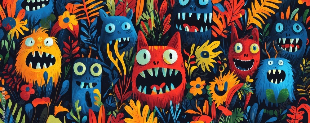 Fototapeta premium A vibrant illustration featuring colorful, whimsical monsters with exaggerated features surrounded by lush, vibrant flowers and foliage.